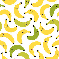 Modèle sans couture de banane. Personnages jaunes et verts drôles avec des visages heureux. Illustration de dessin animé de vecteur dans un style scandinave simple dessiné à la main. Idéal pour imprimer des produits pour bébé