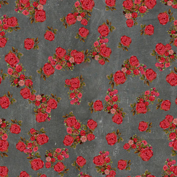 Oil painting. Seamless pattern of various red flowers of roses and rose leaves on a black background