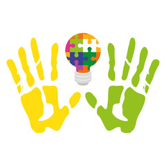 handprints with light bulb of puzzle pieces vector illustration design