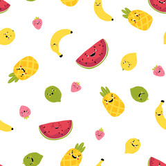 Fruit Modern creative seamless pattern. Funny tropical characters with happy faces. Vector cartoon illustration in simple hand drawn scandinavian style. Watermelon Pineapple Lemon Lime Strawberry