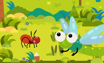 cartoon scene with different european animals in the forest illustration