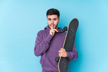 Young caucasian skater man isolated keeping a secret or asking for silence.