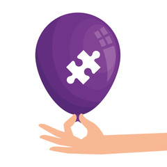 hand and purple balloon helium with puzzle piece vector illustration design