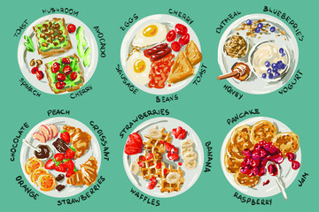 Hand made sketch. Breakfast flat  lay set of delicious food for good morning with a description.