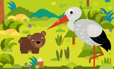 cartoon scene with different european animals in the forest illustration
