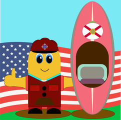Illustration of a funny cartoon man inviting everyone to visit America  can be used in the design of the envelopes of notebooks, albums,  packaging and tourism booklets as a background, and the basics