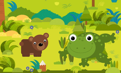 cartoon scene with different european animals in the forest illustration