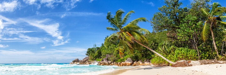 Seychelles Anse Georgette beach Praslin island palm panoramic view holidays vacation paradise sea