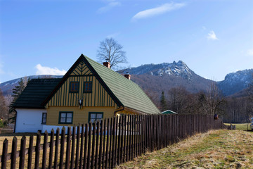 Fototapeta na wymiar North winter Bohemia Landscape, peak Frydlant Cinburi, Jizera Mountains, Czech Republic