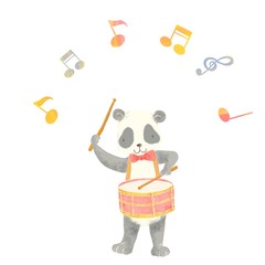 Cartoon animal playing music, panda bear, drum