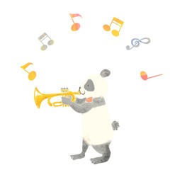 Cartoon animal playing music, panda bear, trumpet 