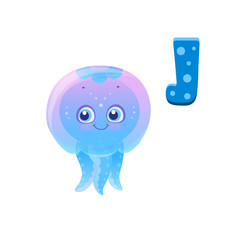 cute jellyfish cartoon vector icon with letter j isolated on white background, print for t-shirts, underwater world inhabitant, sea aurelia, corniropus, eps 10