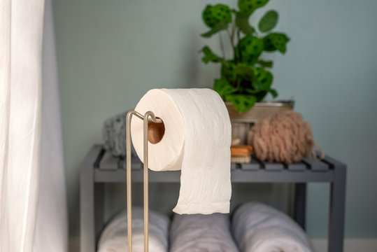 Closeup Of Roll Of Toilet Paper On A Dispenser In Home Bathroom