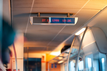 Train with 1999 time digital clock, time travel concept