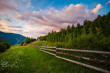 Beautiful simple landscape on the hills, fence, plantation and clouds