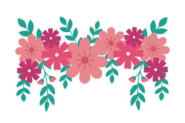 cute flowers pink with branches and leafs decoration vector illustration design