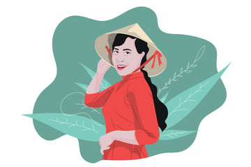 Illustration portrait of vietnamese woman wearing traditional costume ao dai