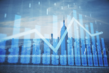 Forex graph on city view with skyscrapers background multi exposure. Financial analysis concept.