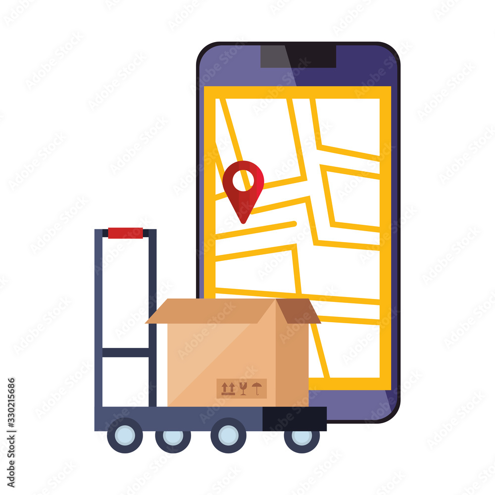 Poster smartphone with map location app and box vector illustration design
