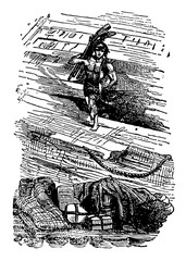 Robinson Crusoe looting the wreck, vintage illustration - obrazy, fototapety, plakaty