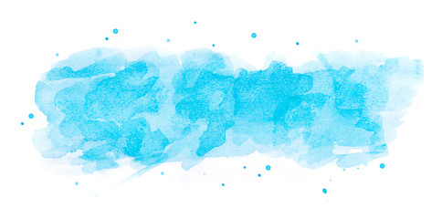 Watercolor brush texture background. Blue color paint stain splash water pattern on white paper