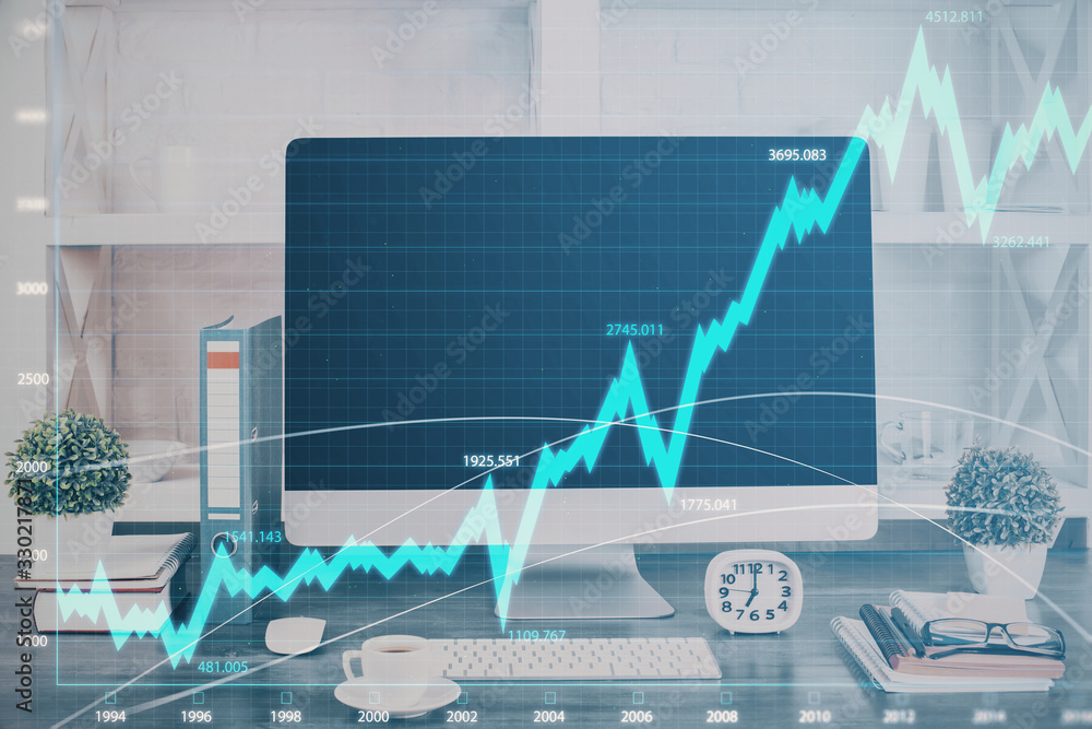 Poster forex graph hologram on table with computer background. double exposure. concept of financial market