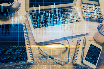Multi exposure of chart and financial info and work space with computer background. Concept of international online trading.