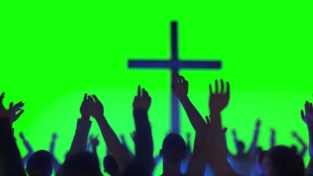 hands of a crowd of people at a Christian meeting during the   glorification praise of God against the background of the cross 3d render
