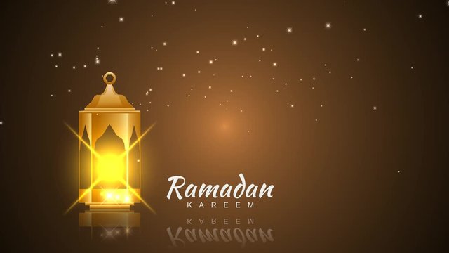 ramadan kareem greeting animation background , lantern light motion on mirror surface with flying particles