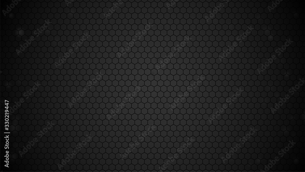Poster black background. hexagon grid on dark gradient backdrop. hexagonal vector illustration