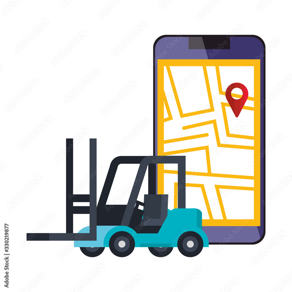 Poster smartphone with map location app and forklift vector illustration design