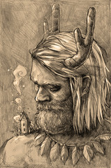 Fototapeta premium Pagan God with horns. House on a Dog's shoulder. Hand drawn illustration.