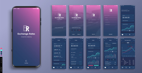 Mobile app design, UI, UX. A set of graphic screens with the login and password, home page, exchange rate, list of payments, archim exchange rates and current account information.