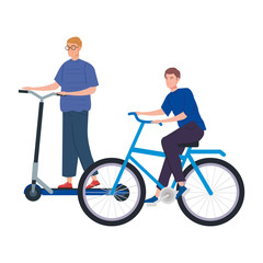 young men with scooter and bike avatar character vector illustration design