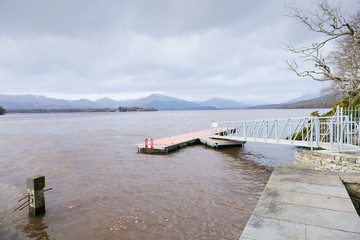 Balmaha pier in storm weather at Loch Lomond