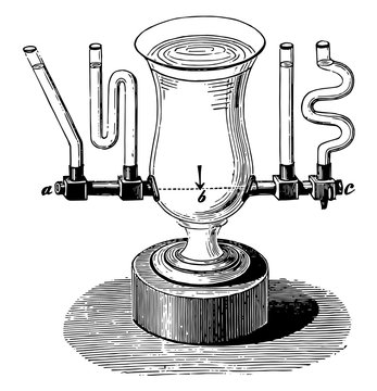 Water Level In Multiple Connected Vessels, Vintage Illustration.