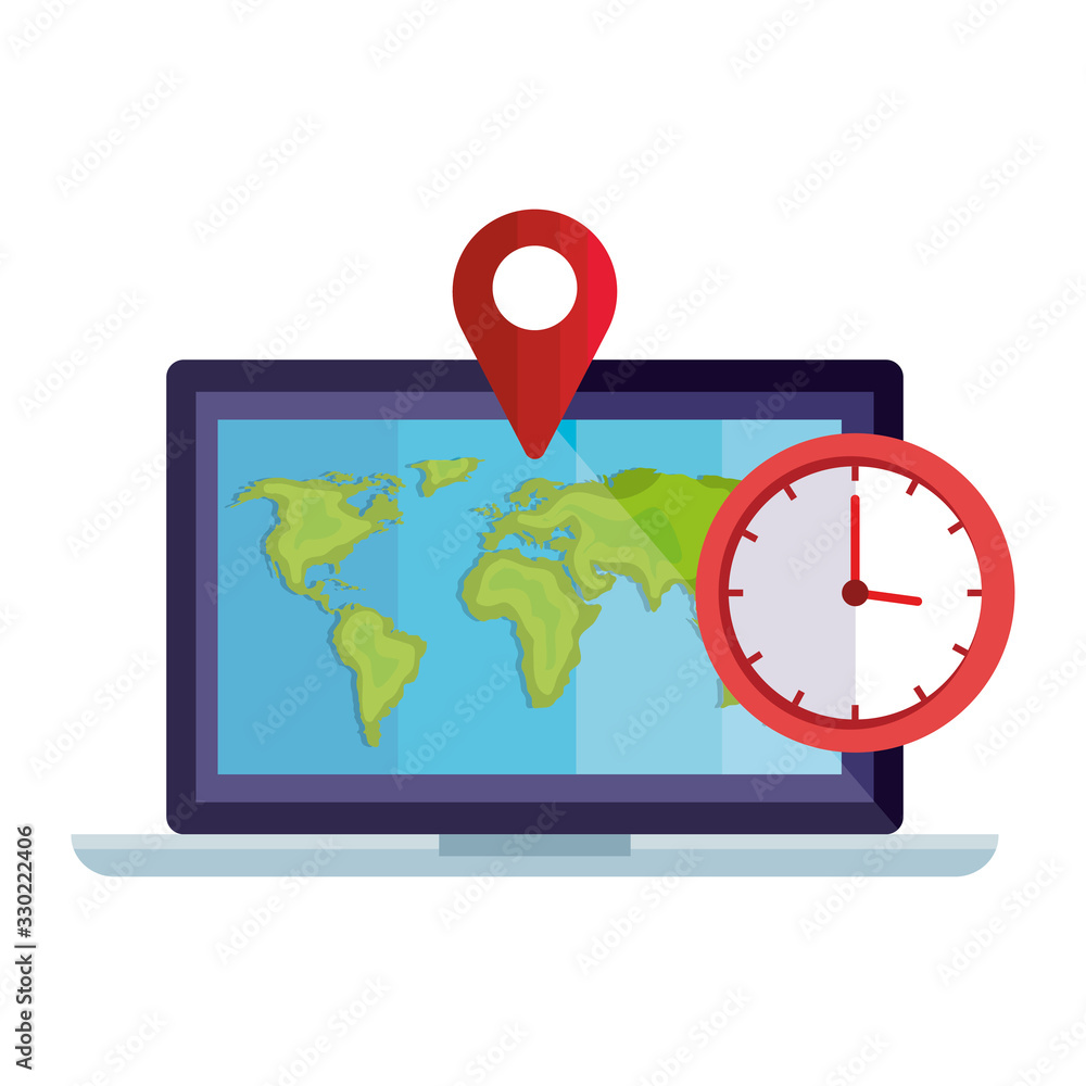 Poster pin pointer location with laptop and icons vector illustration design