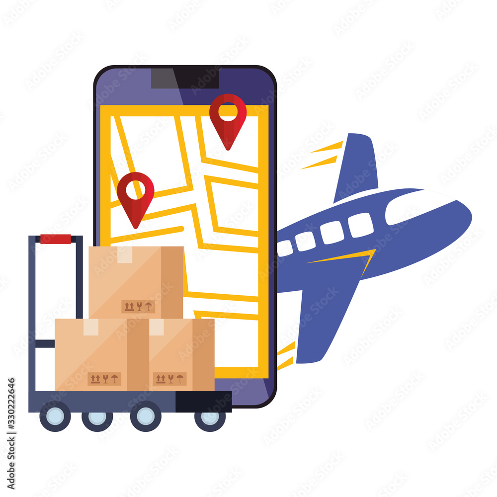 Poster smartphone with app logistic service and icons vector illustration design