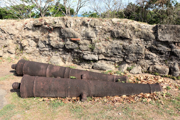 Ancient artillery fort on the Caribbean, near the Panama Canal, old cannons