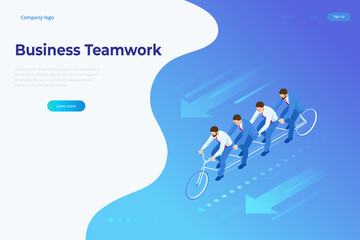 Isometric Goals Setting for Business Team. Creative Idea Teamwork Banner Concept. Business Team Riding Tandem Bicycle. Team success. Business concept illustration.