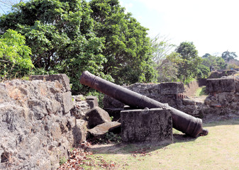 Ancient artillery fort on the Caribbean, near the Panama Canal, old cannons