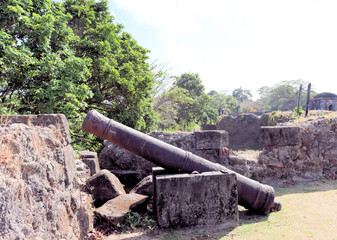 Ancient artillery fort on the Caribbean, near the Panama Canal, old cannons