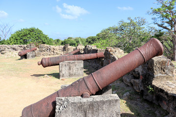 Ancient artillery fort on the Caribbean, near the Panama Canal, old cannons