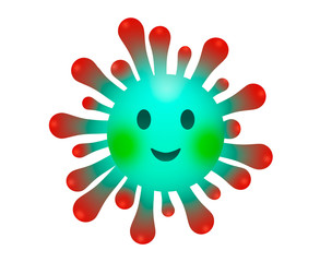 Friendly coronavirus smiley emoji icon with nice smile - round happy emoticon for tips and advices for kids and children