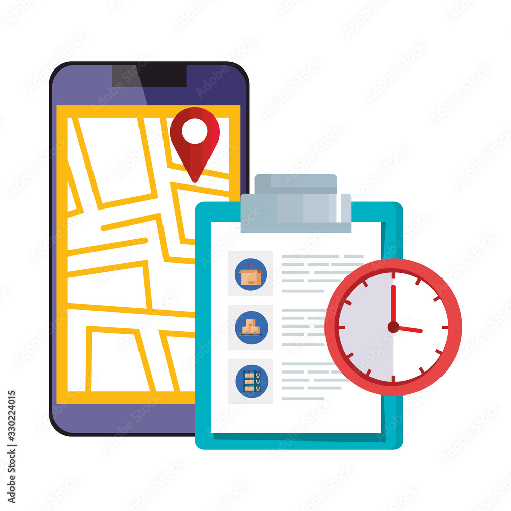 Poster smartphone with map location app and icons vector illustration design