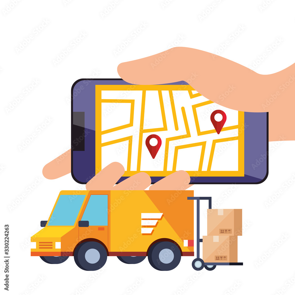 Poster smartphone with app logistic service and icons vector illustration design