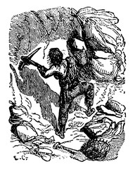 Robinson Crusoe defending the cave, vintage illustration - obrazy, fototapety, plakaty