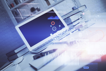 Fototapeta premium Technology theme drawing and work space with computer. Double exposure. Concept of innovation.