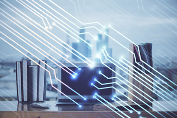 Technology theme drawing and work space with computer. Multi exposure. Concept of innovation.