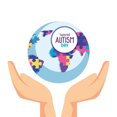 world autism day with hands and world planet vector illustration design